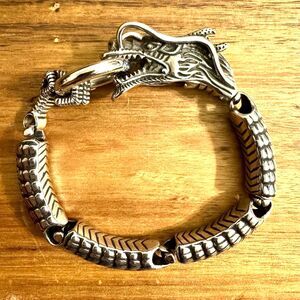 Dragon Head Mens Sterling Silver 925 Bracelet Bold Mythical Armor Gothic Fantasy
